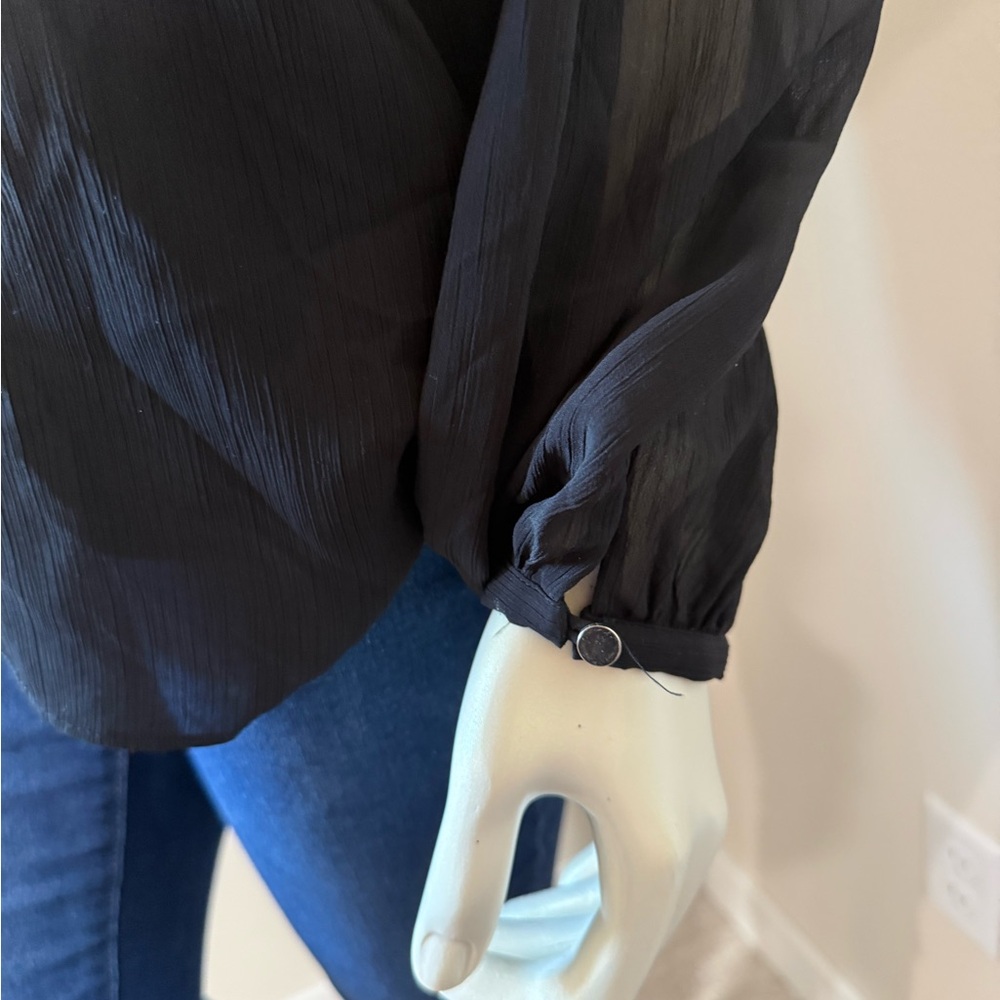 White House Black Market Black Blouse with Blue Embroidery - Picture 3 of 5